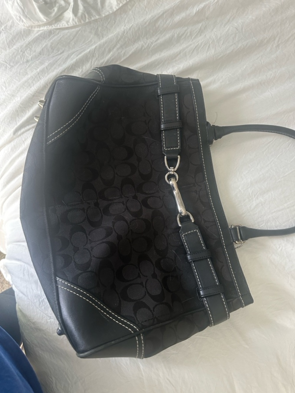 Coach Black Signature Canvas Shoulder Bag with Leather Trim